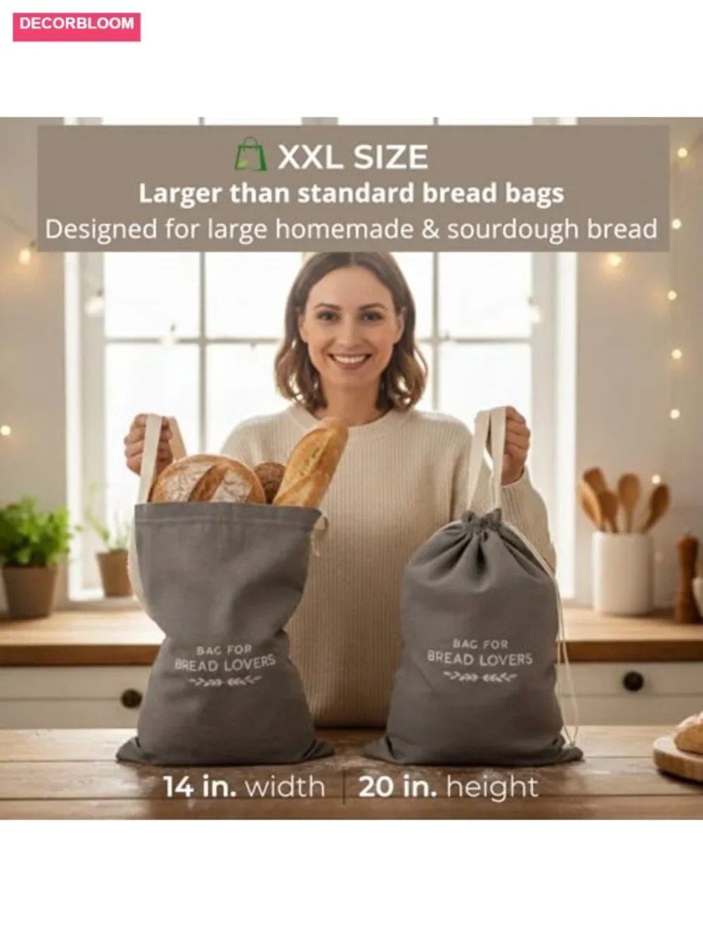 Linen Bread Storage Bags 2-Pack XXL Reusable Sourdough Bag with Drawstring TPU